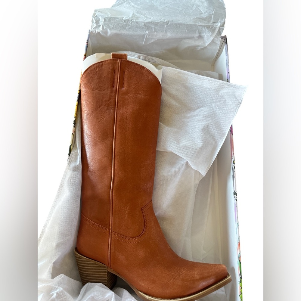 Jeffrey Campbell Cognac Leather Knee-High Western Heel Boots - Picture 7 of 7